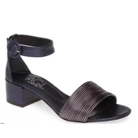 AGL Blue Metallic Leather Open Toe Low Block Heel Strappy Sandals EU 39.5 US 9.5 - Picture 1 of 14